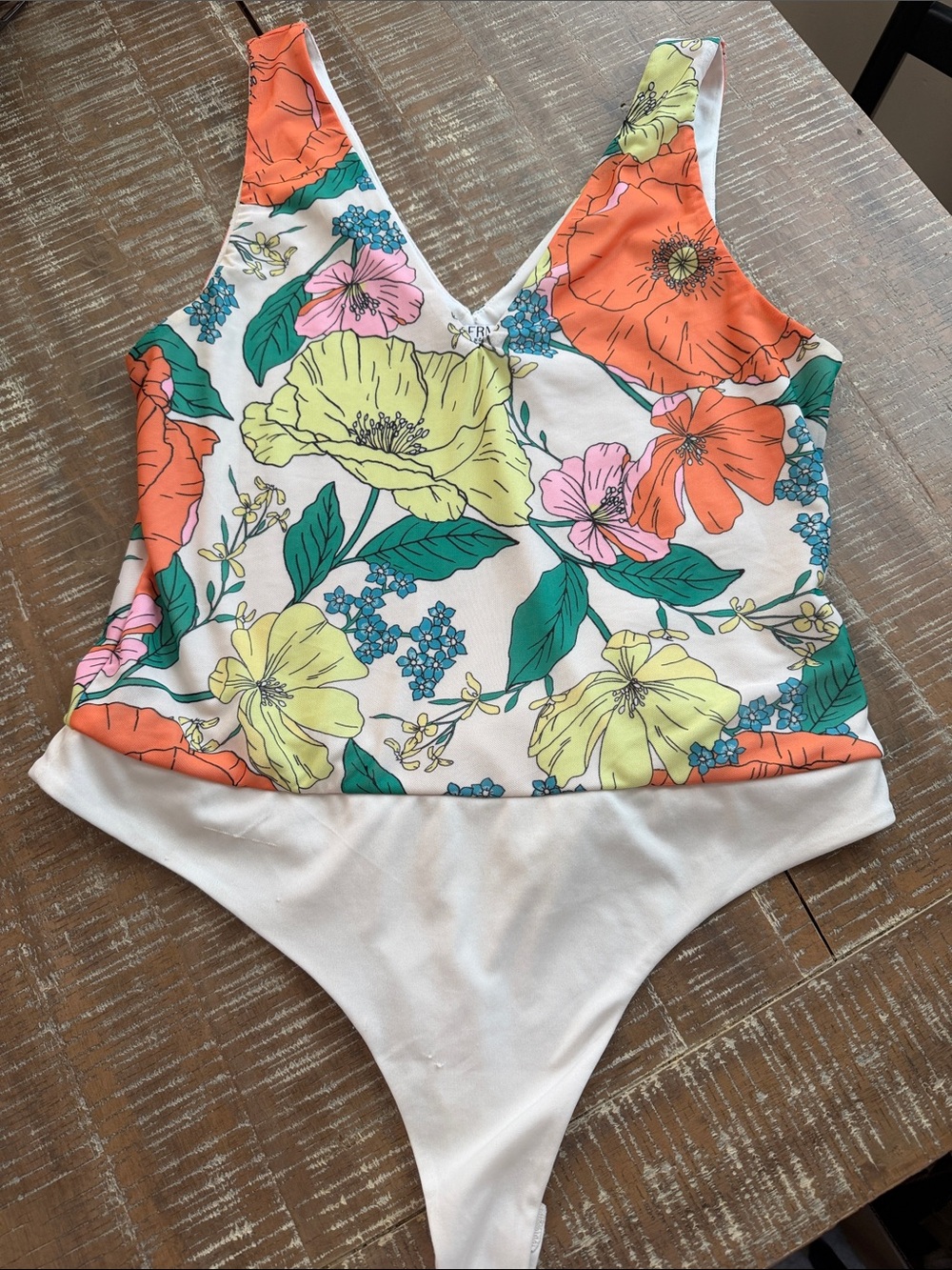 AFRM Floral V-Neck Bodysuit in Orange, Yellow, Pink and Green